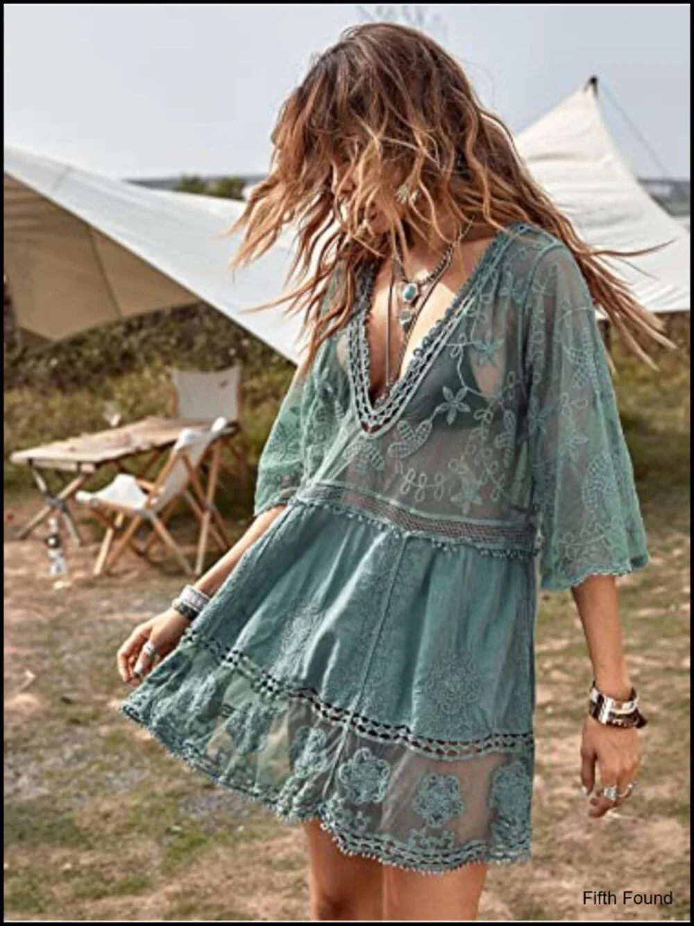 Contrast Lace V-Neck Swimsuit Cover Up Beach Dress 3/4 Sleeve Sheer